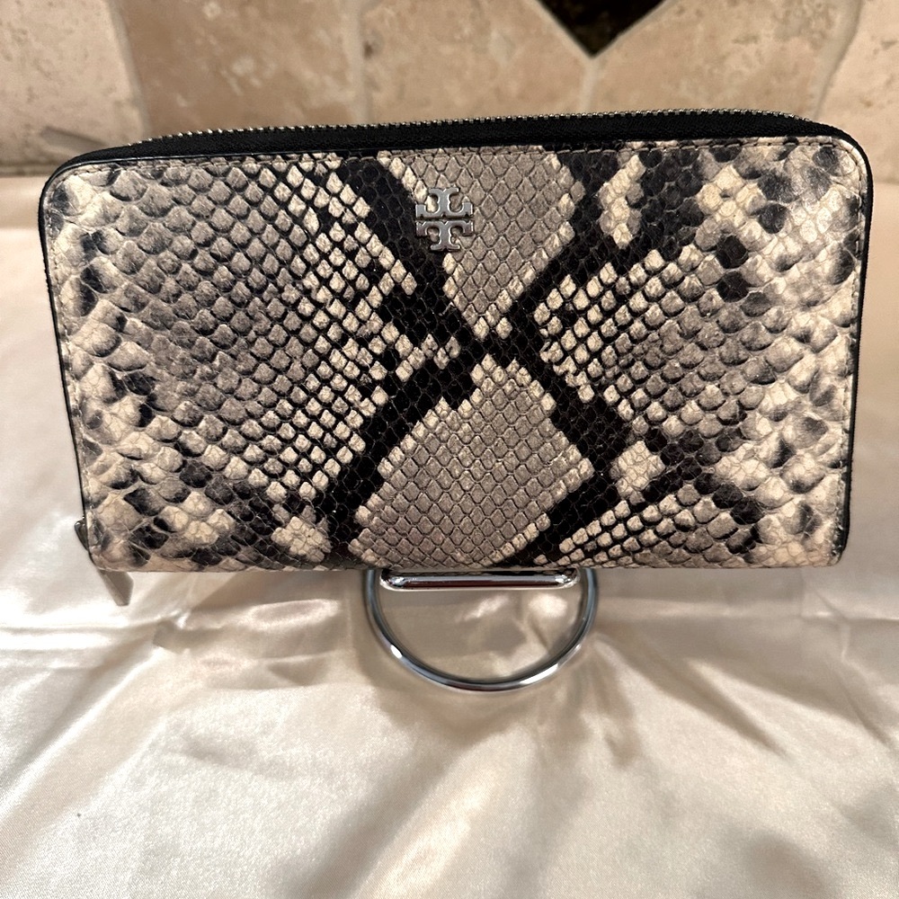 Tory Burch Wallet Python Embossed Leather,Silver … - image 1
